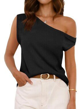 Women's Black Ribbed Off One Shoulder Slouchy Short Sleeve Tee Top
